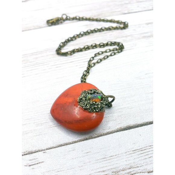 Red jasper heart and opal crystal necklace handmade - Picture 10 of 12